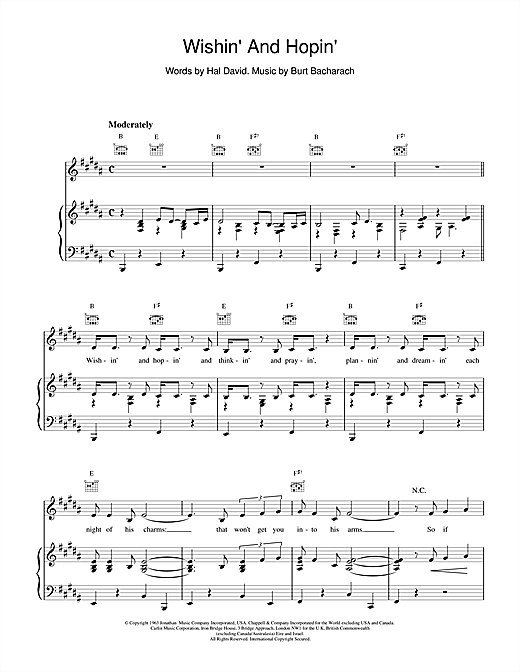 Preview Bacharach & David Wishin' And Hopin' Pop sheet music, notes and chords for Piano, Vocal & Guitar (Right-Hand Melody), SKU: 15466 sheet music, piano notes, chords, guitar tabs, score, transpose, transcribe, how to play, guide, download, learn, tutorial, progression, song, artist, awards, billboard, mtv, vh1, tour, single, album, release
