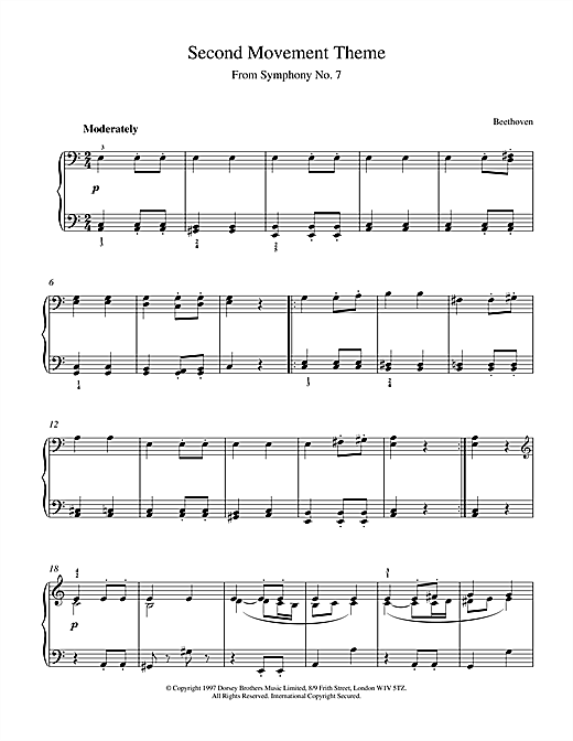 Preview Ludwig van Beethoven Symphony No.7, 2nd Movement Theme Classical sheet music, notes and chords for Piano, SKU: 15475 sheet music, piano notes, chords, guitar tabs, score, transpose, transcribe, how to play, guide, download, learn, tutorial, progression, song, artist, awards, billboard, mtv, vh1, tour, single, album, release