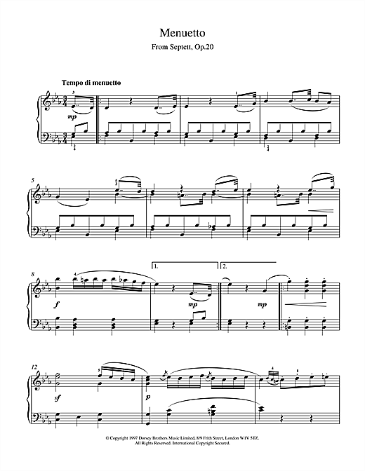 Preview Ludwig van Beethoven Menuett From Septet Op.20 Classical sheet music, notes and chords for Piano, SKU: 15476 sheet music, piano notes, chords, guitar tabs, score, transpose, transcribe, how to play, guide, download, learn, tutorial, progression, song, artist, awards, billboard, mtv, vh1, tour, single, album, release