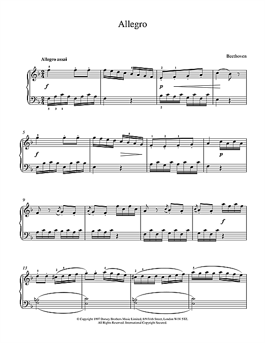 Preview Ludwig van Beethoven Allegro In F Classical sheet music, notes and chords for Piano, Vocal & Guitar (Right-Hand Melody), SKU: 15477 sheet music, piano notes, chords, guitar tabs, score, transpose, transcribe, how to play, guide, download, learn, tutorial, progression, song, artist, awards, billboard, mtv, vh1, tour, single, album, release