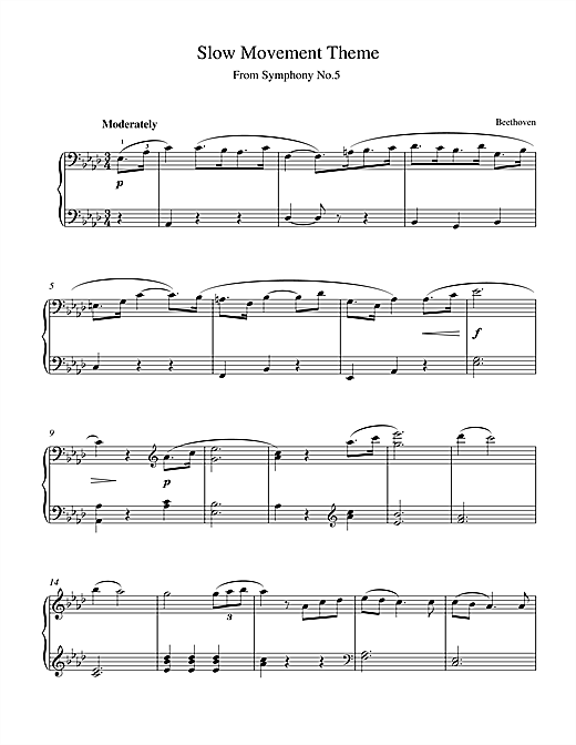 Preview Ludwig van Beethoven Symphony No.5, Slow Movement Theme Classical sheet music, notes and chords for Piano, Vocal & Guitar (Right-Hand Melody), SKU: 15484 sheet music, piano notes, chords, guitar tabs, score, transpose, transcribe, how to play, guide, download, learn, tutorial, progression, song, artist, awards, billboard, mtv, vh1, tour, single, album, release