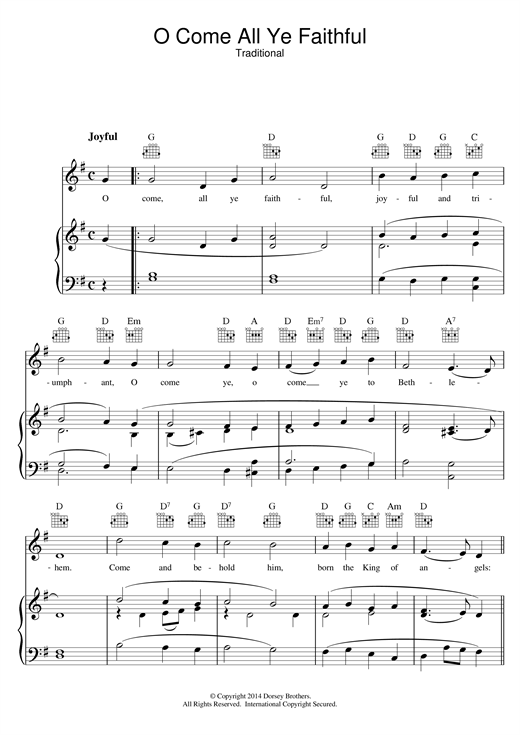 Preview Christmas Carol O Come, All Ye Faithful (Adeste Fideles) Christmas sheet music, notes and chords for Piano, Vocal & Guitar (Right-Hand Melody), SKU: 15502 sheet music, piano notes, chords, guitar tabs, score, transpose, transcribe, how to play, guide, download, learn, tutorial, progression, song, artist, awards, billboard, mtv, vh1, tour, single, album, release