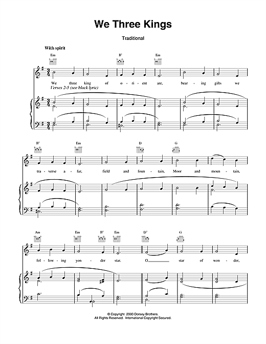 Preview Christmas Carol We Three Kings Of Orient Are Christmas sheet music, notes and chords for Piano, Vocal & Guitar (Right-Hand Melody), SKU: 15505 sheet music, piano notes, chords, guitar tabs, score, transpose, transcribe, how to play, guide, download, learn, tutorial, progression, song, artist, awards, billboard, mtv, vh1, tour, single, album, release