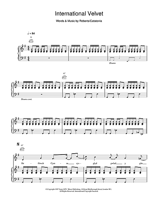 Preview Catatonia International Velvet Pop sheet music, notes and chords for Piano, Vocal & Guitar, SKU: 15509 sheet music, piano notes, chords, guitar tabs, score, transpose, transcribe, how to play, guide, download, learn, tutorial, progression, song, artist, awards, billboard, mtv, vh1, tour, single, album, release
