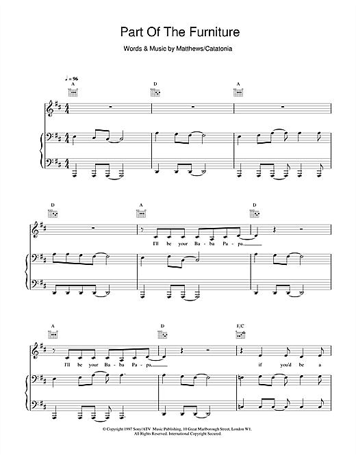 Preview Catatonia Part Of The Furniture Pop sheet music, notes and chords for Piano, Vocal & Guitar, SKU: 15512 sheet music, piano notes, chords, guitar tabs, score, transpose, transcribe, how to play, guide, download, learn, tutorial, progression, song, artist, awards, billboard, mtv, vh1, tour, single, album, release