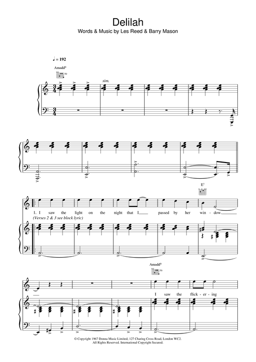 Preview Tom Jones Delilah Pop sheet music, notes and chords for Piano, Vocal & Guitar (Right-Hand Melody), SKU: 15525 sheet music, piano notes, chords, guitar tabs, score, transpose, transcribe, how to play, guide, download, learn, tutorial, progression, song, artist, awards, billboard, mtv, vh1, tour, single, album, release