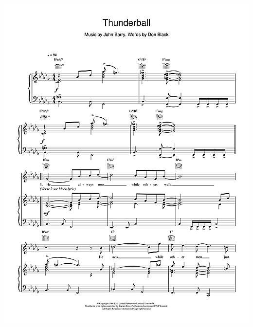 Preview Tom Jones Thunderball (theme from the James Bond film) Pop sheet music, notes and chords for Piano, Vocal & Guitar (Right-Hand Melody), SKU: 15533 sheet music, piano notes, chords, guitar tabs, score, transpose, transcribe, how to play, guide, download, learn, tutorial, progression, song, artist, awards, billboard, mtv, vh1, tour, single, album, release