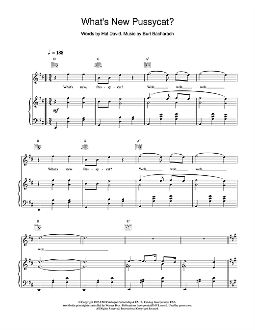 Preview Tom Jones What's New Pussycat Pop sheet music, notes and chords for Piano, Vocal & Guitar (Right-Hand Melody), SKU: 15534 sheet music, piano notes, chords, guitar tabs, score, transpose, transcribe, how to play, guide, download, learn, tutorial, progression, song, artist, awards, billboard, mtv, vh1, tour, single, album, release