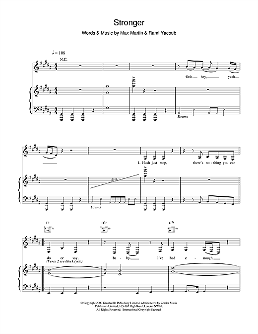 Preview Britney Spears Stronger Pop sheet music, notes and chords for Piano, Vocal & Guitar, SKU: 15571 sheet music, piano notes, chords, guitar tabs, score, transpose, transcribe, how to play, guide, download, learn, tutorial, progression, song, artist, awards, billboard, mtv, vh1, tour, single, album, release