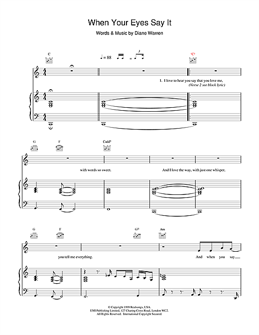 Preview Britney Spears When Your Eyes Say It Pop sheet music, notes and chords for Piano, Vocal & Guitar, SKU: 15572 sheet music, piano notes, chords, guitar tabs, score, transpose, transcribe, how to play, guide, download, learn, tutorial, progression, song, artist, awards, billboard, mtv, vh1, tour, single, album, release