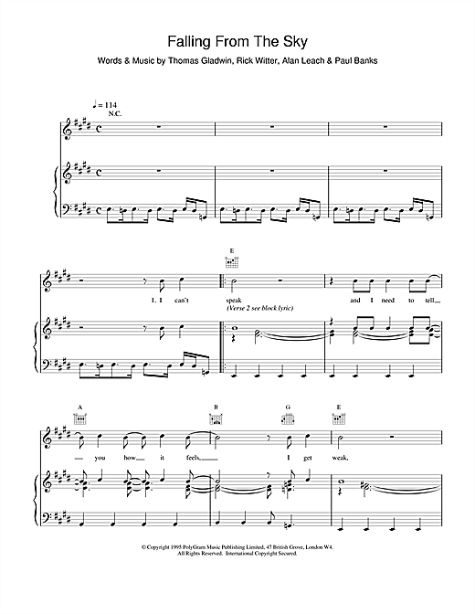 Preview Shed 7 Falling From The Sky Rock sheet music, notes and chords for Piano, Vocal & Guitar (Right-Hand Melody), SKU: 15574 sheet music, piano notes, chords, guitar tabs, score, transpose, transcribe, how to play, guide, download, learn, tutorial, progression, song, artist, awards, billboard, mtv, vh1, tour, single, album, release