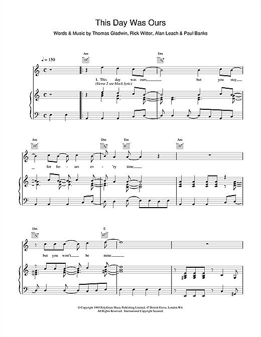 Preview Shed 7 This Day Was Ours Rock sheet music, notes and chords for Piano, Vocal & Guitar (Right-Hand Melody), SKU: 15581 sheet music, piano notes, chords, guitar tabs, score, transpose, transcribe, how to play, guide, download, learn, tutorial, progression, song, artist, awards, billboard, mtv, vh1, tour, single, album, release