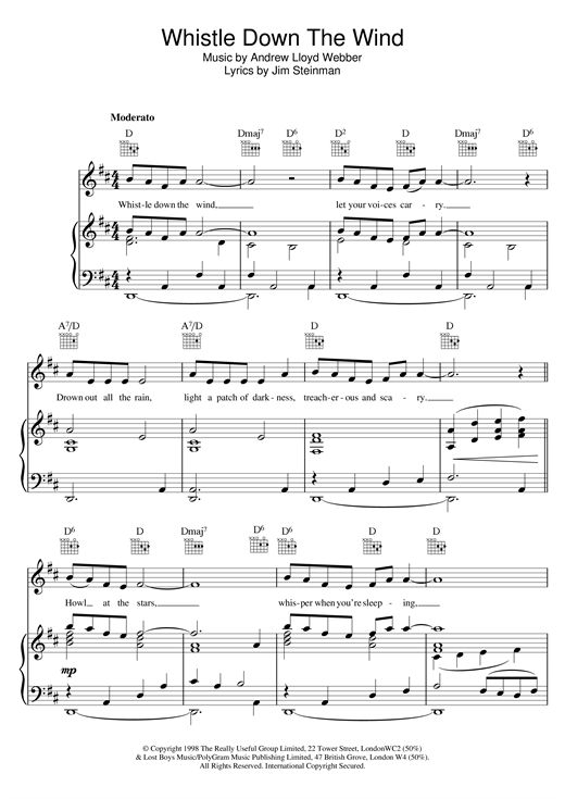 Preview Andrew Lloyd Webber Whistle Down The Wind Musicals sheet music, notes and chords for Piano, Vocal & Guitar, SKU: 15590 sheet music, piano notes, chords, guitar tabs, score, transpose, transcribe, how to play, guide, download, learn, tutorial, progression, song, artist, awards, billboard, mtv, vh1, tour, single, album, release
