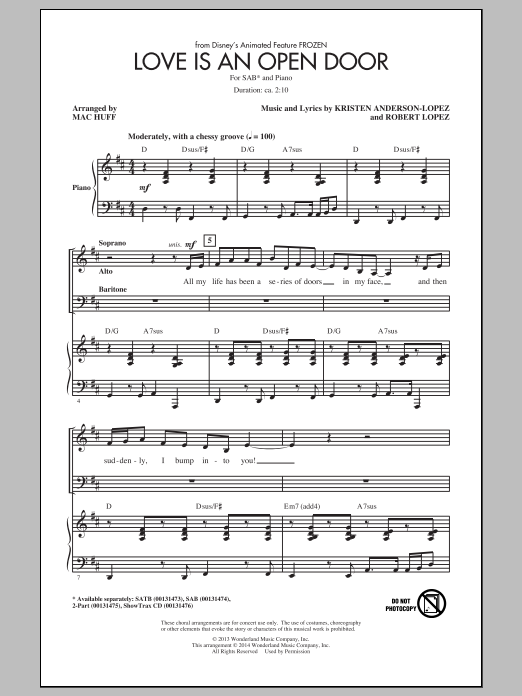 Robert Lopez Love Is An Open Door Arr Mac Huff Sheet Music Notes Chords Download Printable Sab Sku 156522