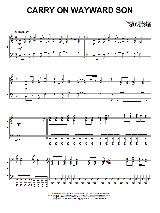 Kansas Carry On Wayward Son Sheet Music Notes Chords Download Rock Notes Piano Pdf Print 1563