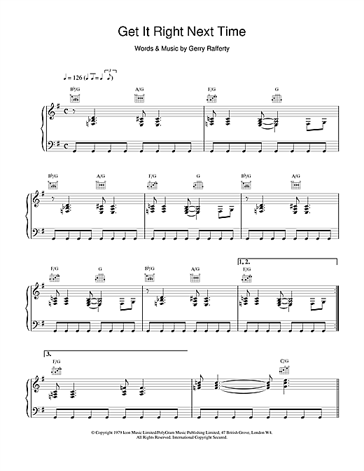Preview Gerry Rafferty Get It Right Next Time Rock sheet music, notes and chords for Piano, Vocal & Guitar, SKU: 15685 sheet music, piano notes, chords, guitar tabs, score, transpose, transcribe, how to play, guide, download, learn, tutorial, progression, song, artist, awards, billboard, mtv, vh1, tour, single, album, release