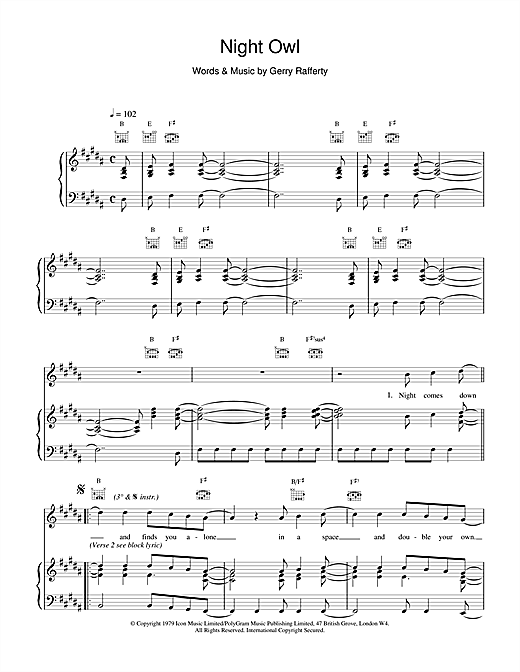 Preview Gerry Rafferty Night Owl Rock sheet music, notes and chords for Piano, Vocal & Guitar (Right-Hand Melody), SKU: 15687 sheet music, piano notes, chords, guitar tabs, score, transpose, transcribe, how to play, guide, download, learn, tutorial, progression, song, artist, awards, billboard, mtv, vh1, tour, single, album, release