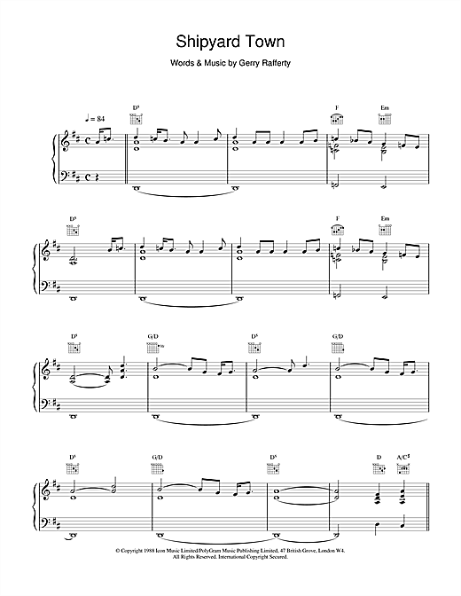 Preview Gerry Rafferty Shipyard Town Rock sheet music, notes and chords for Piano, Vocal & Guitar (Right-Hand Melody), SKU: 15690 sheet music, piano notes, chords, guitar tabs, score, transpose, transcribe, how to play, guide, download, learn, tutorial, progression, song, artist, awards, billboard, mtv, vh1, tour, single, album, release