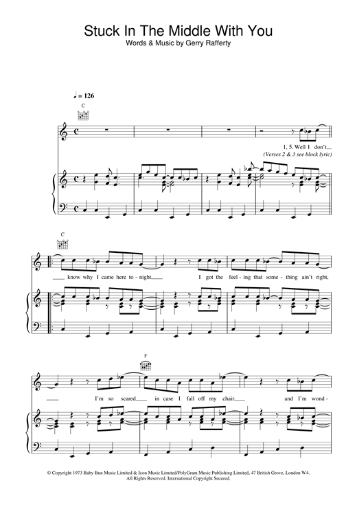 Preview Stealers Wheel Stuck In The Middle With You Rock sheet music, notes and chords for Piano, Vocal & Guitar, SKU: 15691 sheet music, piano notes, chords, guitar tabs, score, transpose, transcribe, how to play, guide, download, learn, tutorial, progression, song, artist, awards, billboard, mtv, vh1, tour, single, album, release