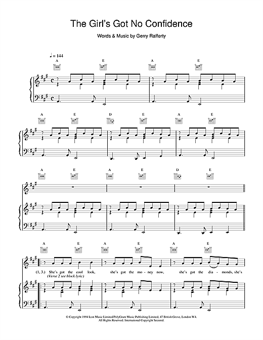 Preview Gerry Rafferty The Girl's Got No Confidence Rock sheet music, notes and chords for Piano, Vocal & Guitar (Right-Hand Melody), SKU: 15693 sheet music, piano notes, chords, guitar tabs, score, transpose, transcribe, how to play, guide, download, learn, tutorial, progression, song, artist, awards, billboard, mtv, vh1, tour, single, album, release