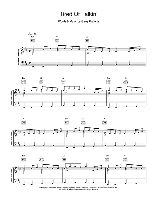 Preview Gerry Rafferty Tired Of Talkin' Rock sheet music, notes and chords for Piano, Vocal & Guitar (Right-Hand Melody), SKU: 15694 sheet music, piano notes, chords, guitar tabs, score, transpose, transcribe, how to play, guide, download, learn, tutorial, progression, song, artist, awards, billboard, mtv, vh1, tour, single, album, release