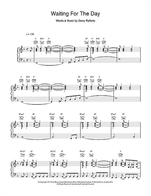 Preview Gerry Rafferty Waiting For The Day Rock sheet music, notes and chords for Piano, Vocal & Guitar (Right-Hand Melody), SKU: 15695 sheet music, piano notes, chords, guitar tabs, score, transpose, transcribe, how to play, guide, download, learn, tutorial, progression, song, artist, awards, billboard, mtv, vh1, tour, single, album, release