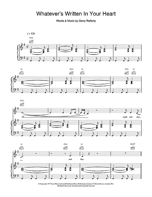 Preview Gerry Rafferty Whatever's Written In Your Heart Rock sheet music, notes and chords for Piano, Vocal & Guitar (Right-Hand Melody), SKU: 15696 sheet music, piano notes, chords, guitar tabs, score, transpose, transcribe, how to play, guide, download, learn, tutorial, progression, song, artist, awards, billboard, mtv, vh1, tour, single, album, release