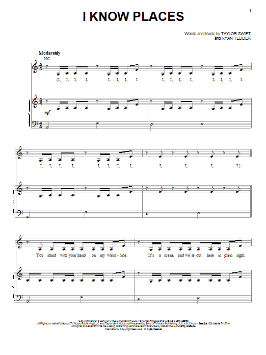Taylor Swift I Know Places Sheet Music Notes Chords Download Printable Piano Vocal Guitar Right Hand Melody Sku 157027