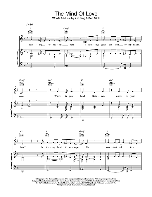 Preview K.D. Lang The Mind of Love Rock sheet music, notes and chords for Piano, Vocal & Guitar (Right-Hand Melody), SKU: 15704 sheet music, piano notes, chords, guitar tabs, score, transpose, transcribe, how to play, guide, download, learn, tutorial, progression, song, artist, awards, billboard, mtv, vh1, tour, single, album, release