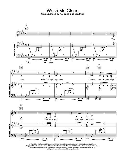 Preview K.D. Lang Wash Me Clean Rock sheet music, notes and chords for Piano, Vocal & Guitar (Right-Hand Melody), SKU: 15705 sheet music, piano notes, chords, guitar tabs, score, transpose, transcribe, how to play, guide, download, learn, tutorial, progression, song, artist, awards, billboard, mtv, vh1, tour, single, album, release