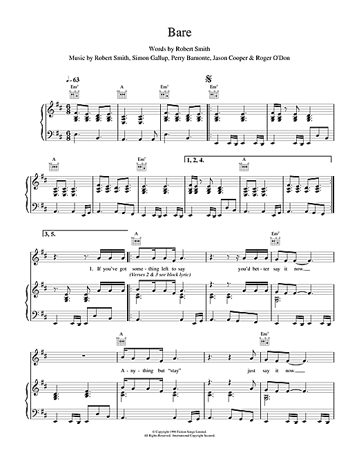 Preview The Cure Bare Rock sheet music, notes and chords for Piano, Vocal & Guitar (Right-Hand Melody), SKU: 15712 sheet music, piano notes, chords, guitar tabs, score, transpose, transcribe, how to play, guide, download, learn, tutorial, progression, song, artist, awards, billboard, mtv, vh1, tour, single, album, release