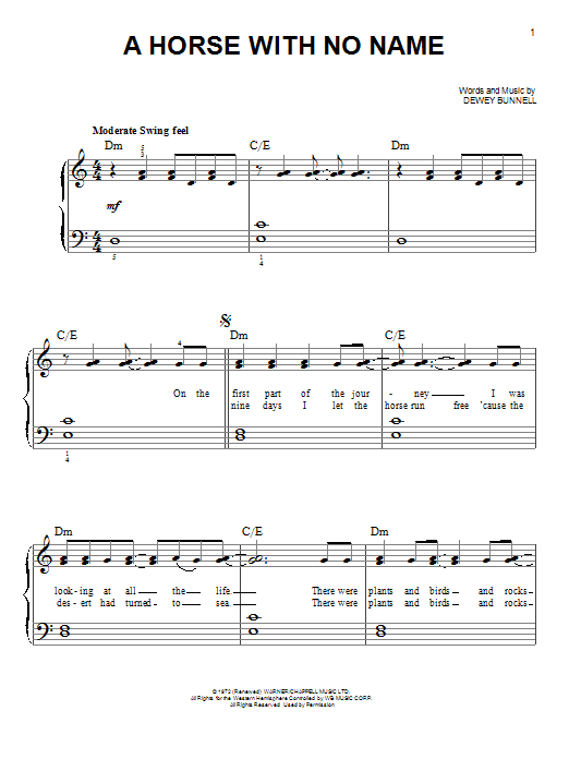 America A Horse With No Name Sheet Music Notes Chords Download Pop Notes Easy Piano Pdf Print