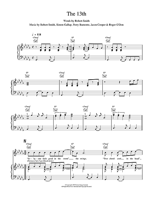 Preview The Cure The 13th Rock sheet music, notes and chords for Piano, Vocal & Guitar (Right-Hand Melody), SKU: 15721 sheet music, piano notes, chords, guitar tabs, score, transpose, transcribe, how to play, guide, download, learn, tutorial, progression, song, artist, awards, billboard, mtv, vh1, tour, single, album, release