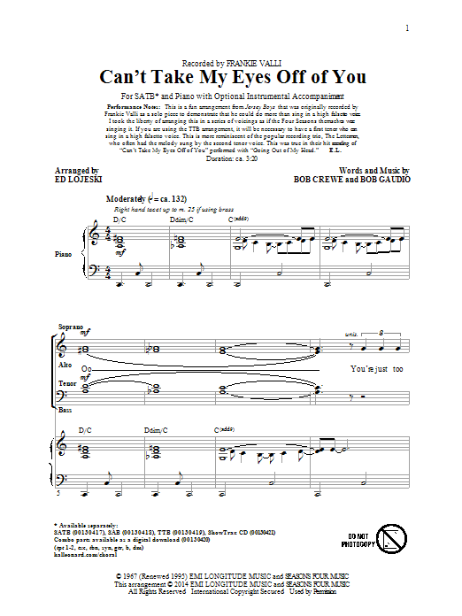 Preview Frankie Valli Can't Take My Eyes Off Of You (arr. Ed Lojeski) Classics sheet music, notes and chords for SATB, SKU: 157484 sheet music, piano notes, chords, guitar tabs, score, transpose, transcribe, how to play, guide, download, learn, tutorial, progression, song, artist, awards, billboard, mtv, vh1, tour, single, album, release