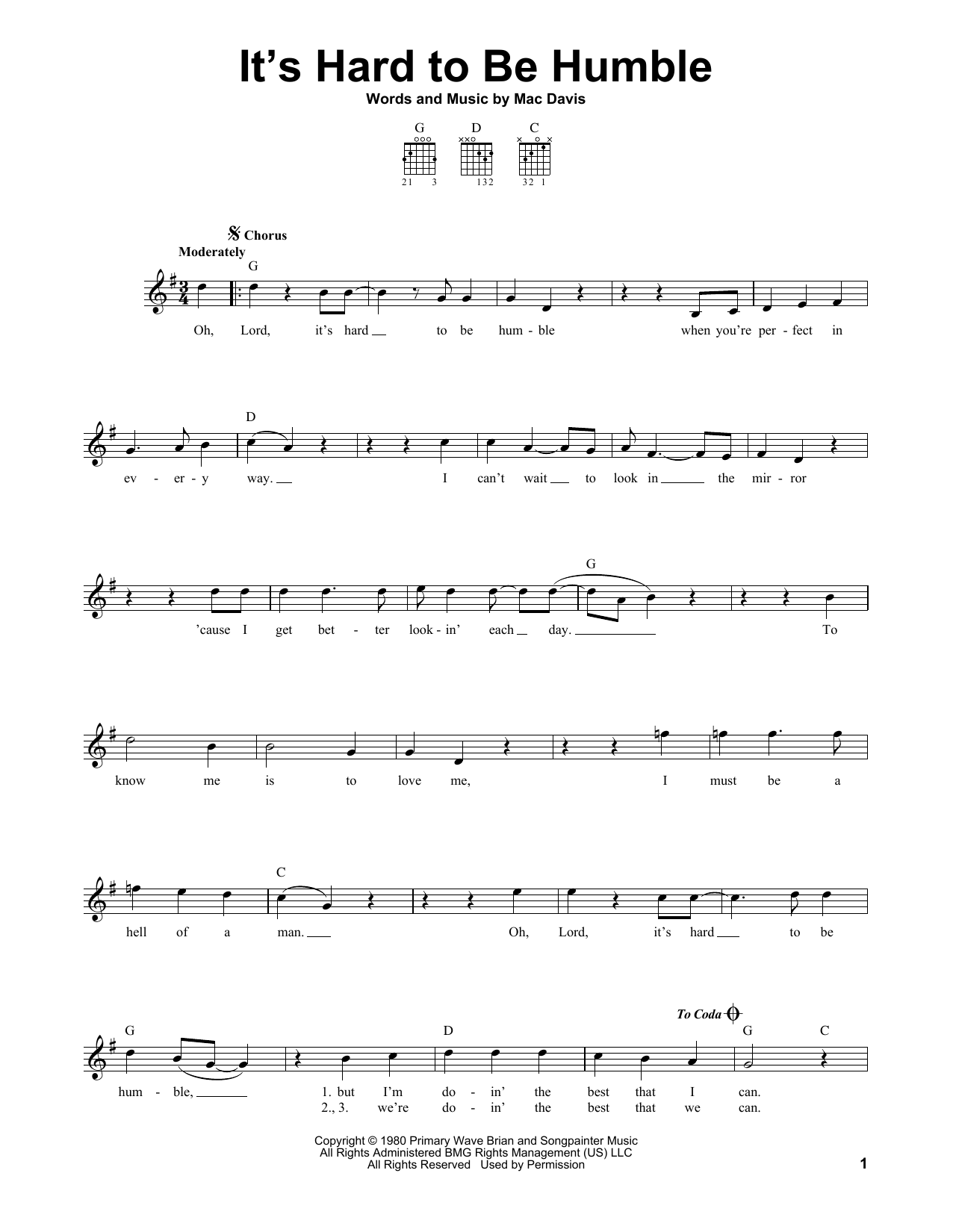 Mac Davis It S Hard To Be Humble Sheet Music Download Pdf Score