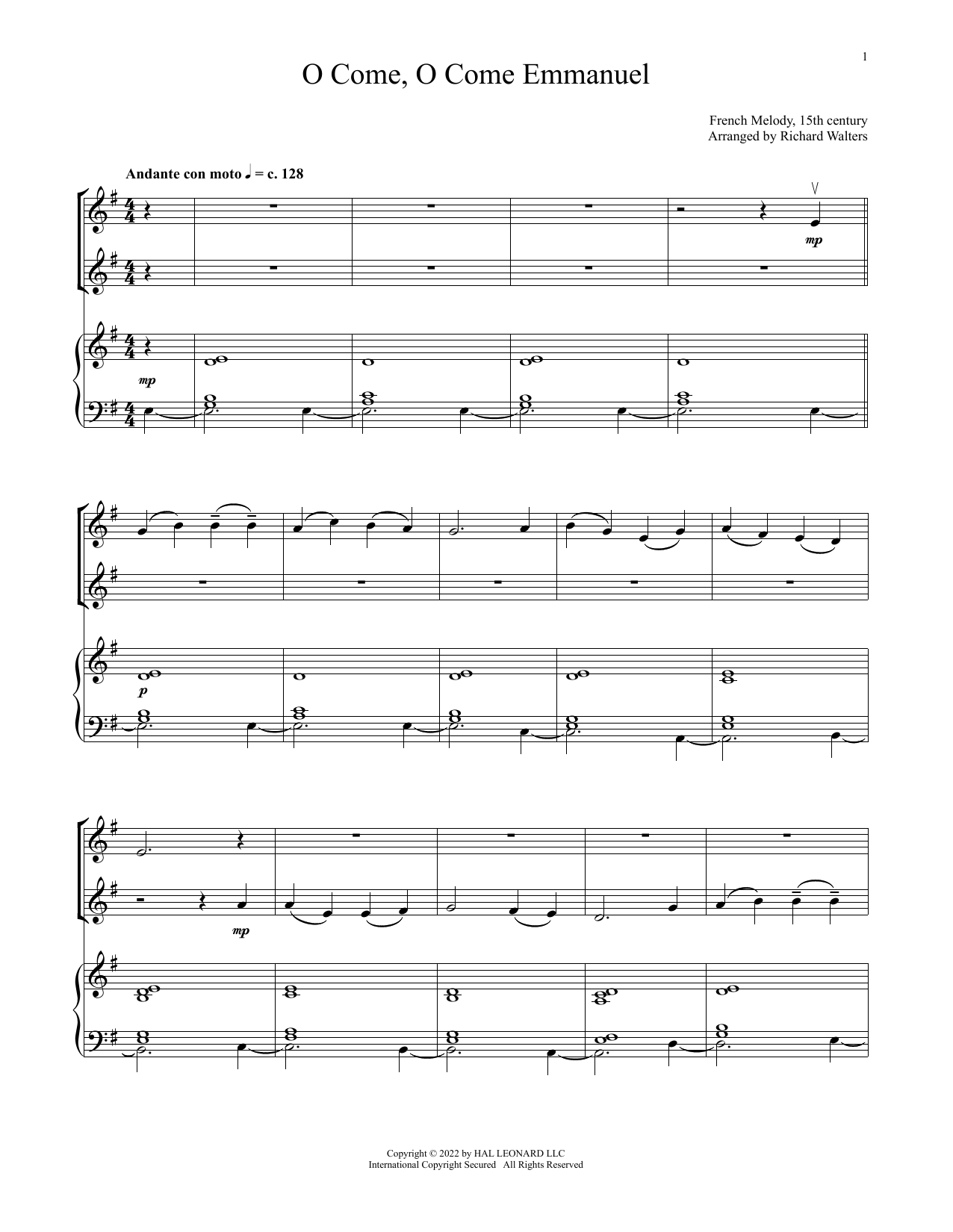 15th Century French Melody O Come, O Come, Emmanuel (for Violin Duet and Piano) Sheet Music Notes & Chords for Violin and Piano - Download or Print PDF