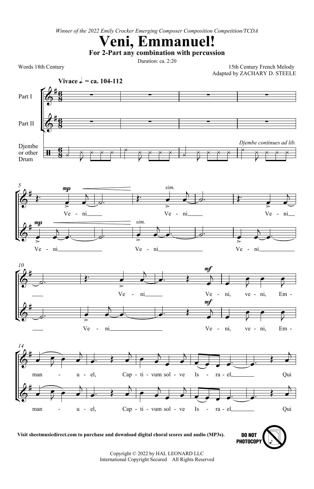 15th Century French Melody Veni, Emmanuel! (arr. Zachary Steele) Sheet Music Notes & Chords for 2-Part Choir - Download or Print PDF