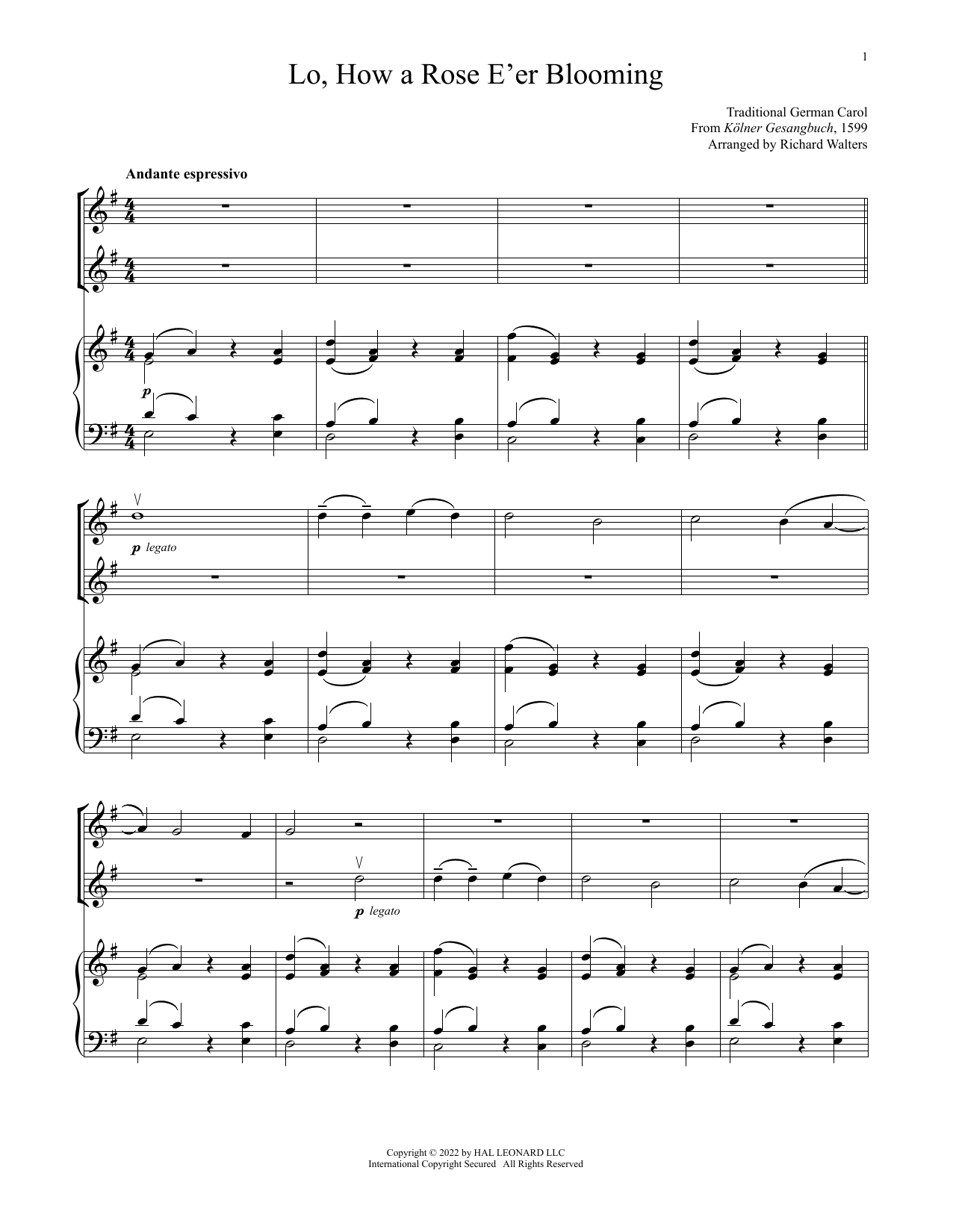 15th Century German Carol Lo, How A Rose E'er Blooming (for Violin Duet and Piano) Sheet Music Notes & Chords for Violin and Piano - Download or Print PDF