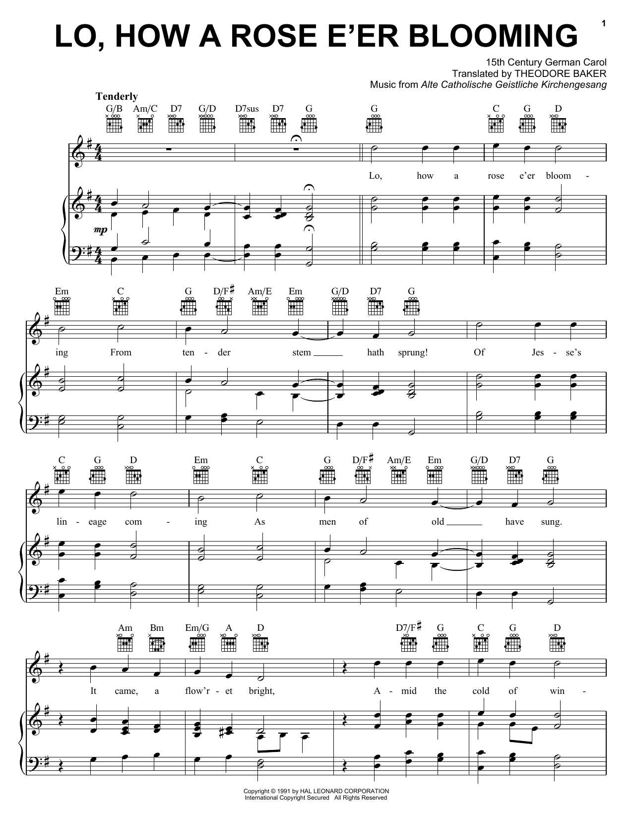 15th Century German Carol Lo, How A Rose E'er Blooming Sheet Music Notes & Chords for Piano, Vocal & Guitar (Right-Hand Melody) - Download or Print PDF