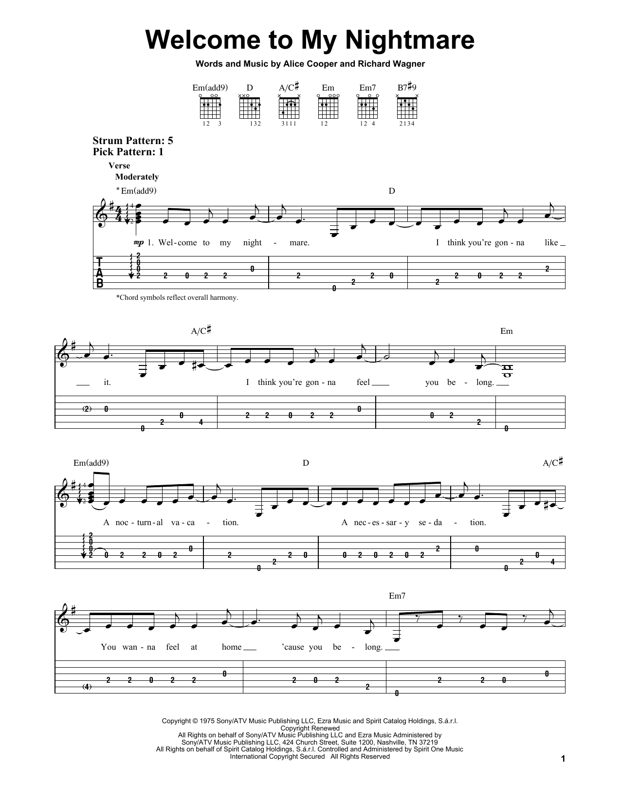 Learn Alice Cooper Welcome To My Nightmare sheet music notes, chords. 