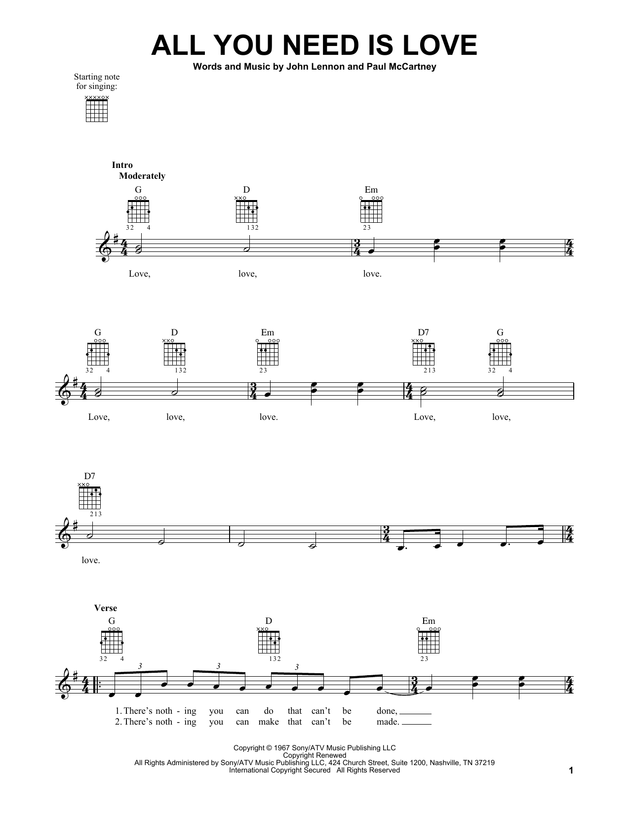 The Beatles All You Need Is Love Sheet Music Notes Chords Download Rock Notes Easy Guitar Pdf Print