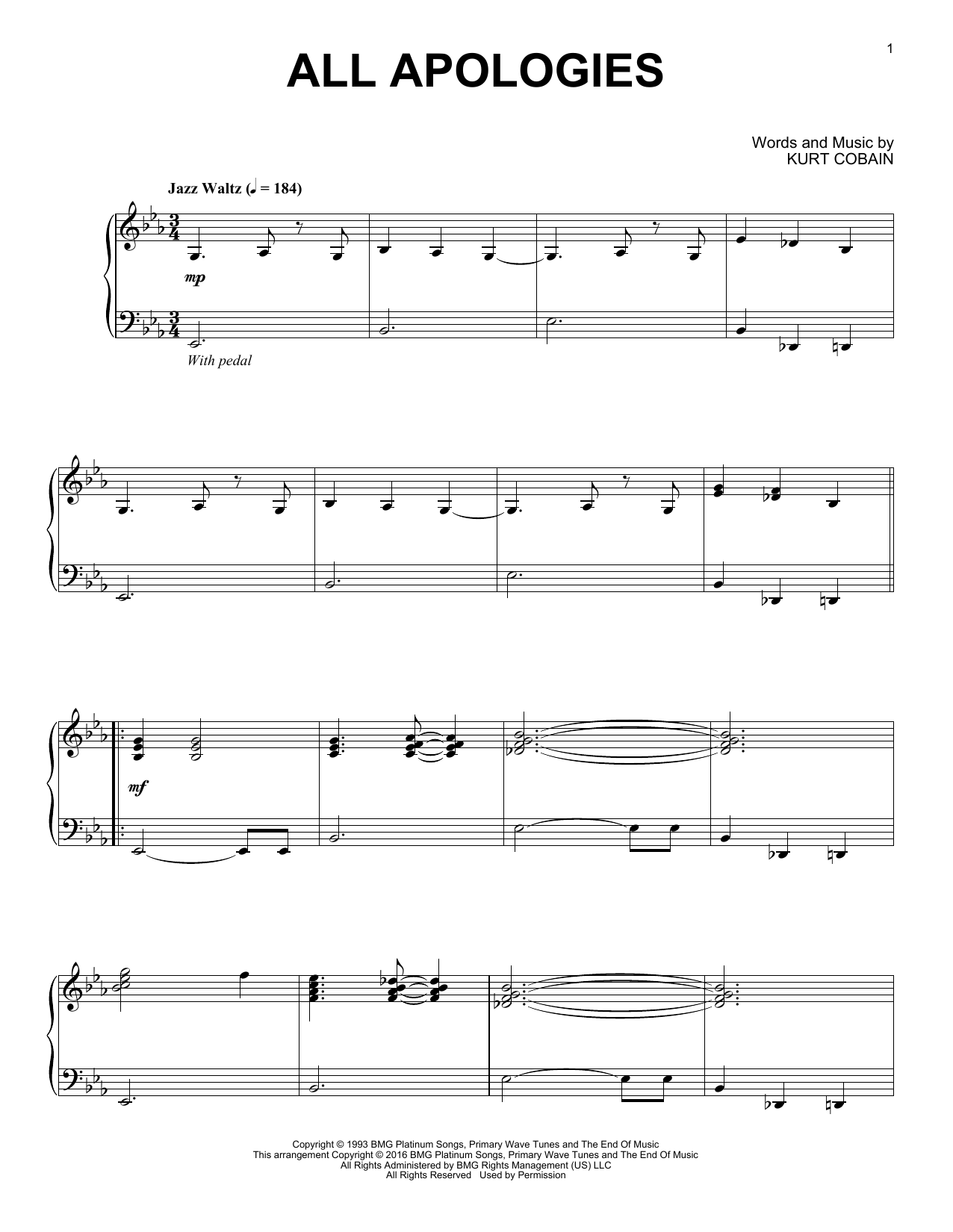 Preview Nirvana All Apologies Jazz sheet music, notes and chords for Piano, SKU: 162643 sheet music, piano notes, chords, guitar tabs, score, transpose, transcribe, how to play, guide, download, learn, tutorial, progression, song, artist, awards, billboard, mtv, vh1, tour, single, album, release