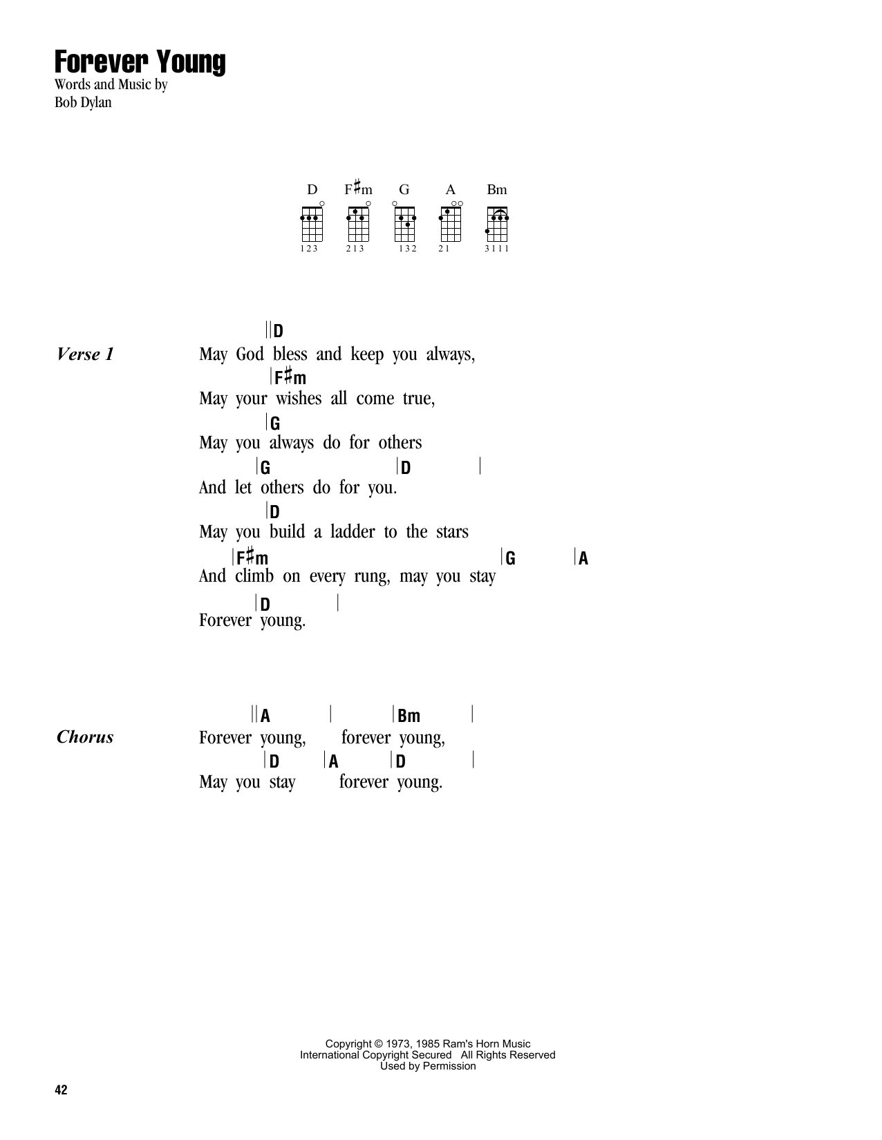 Bob Dylan Forever Young Sheet Music Notes Chords Download Printable Ukulele Chordslyrics Sku 162898