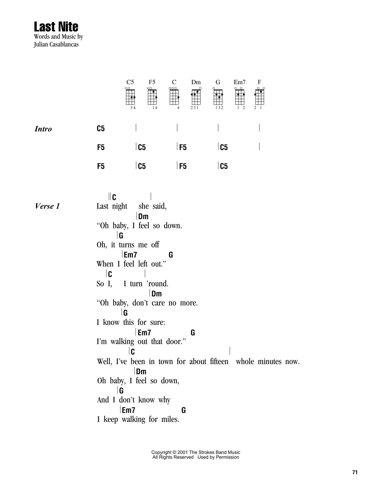 The Strokes Last Nite Sheet Music Notes Chords Download Printable Ukulele Chordslyrics Sku 162901