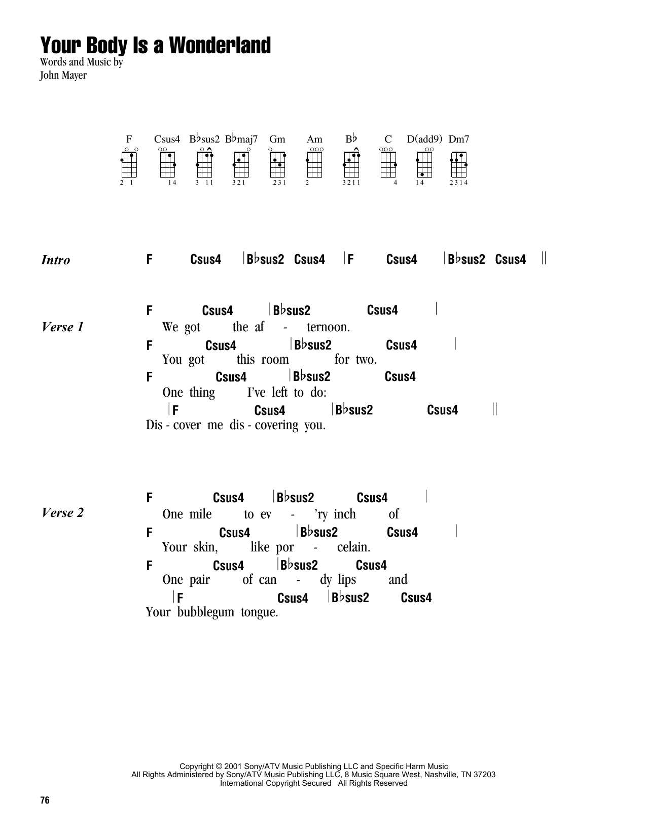 John Mayer Your Body Is A Wonderland Sheet Music Notes Chords Download Rock Notes Ukulele With Strumming Patterns Pdf Print 163327