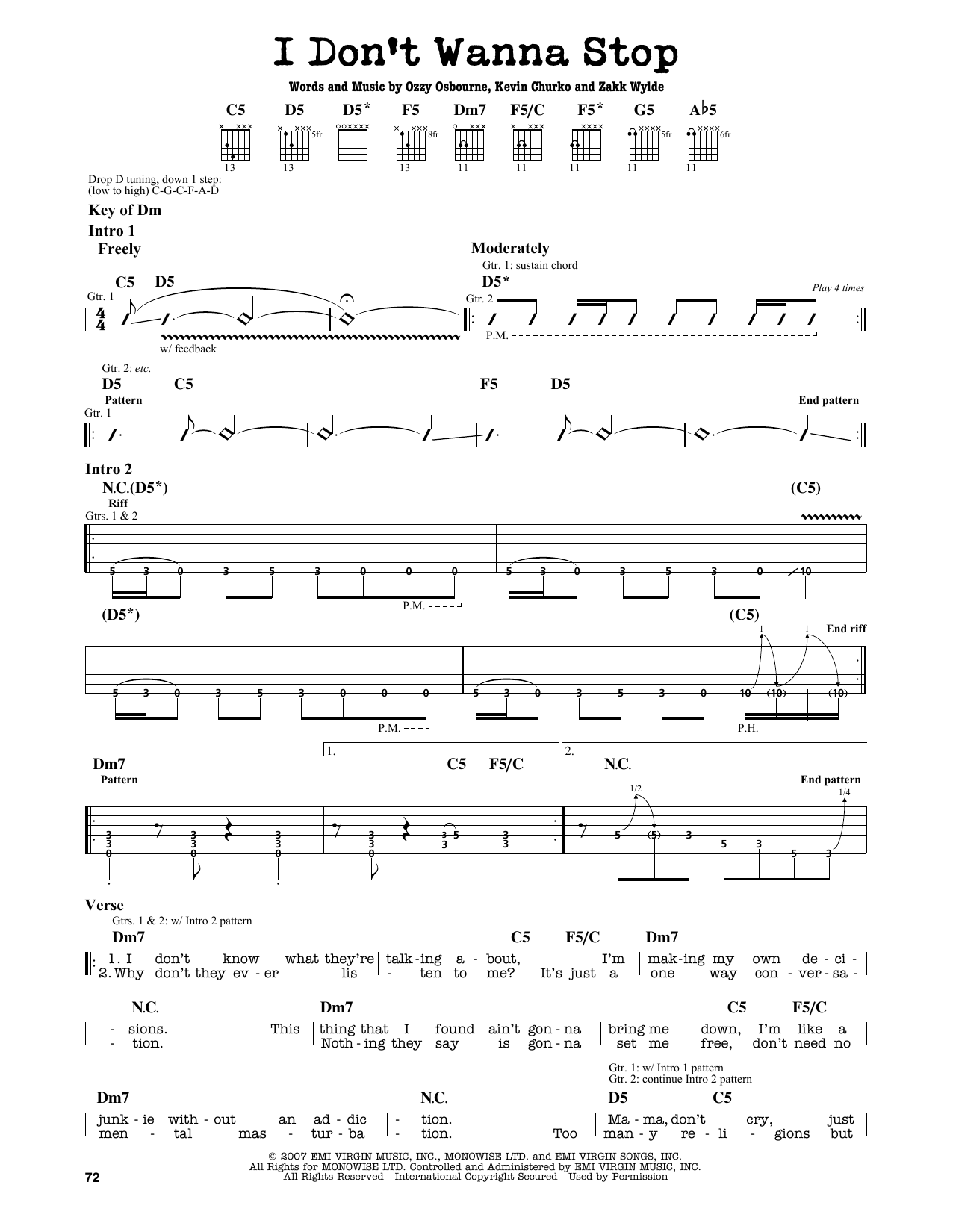 Ozzy Osbourne I Don'T Wanna Stop Sheet Music Notes, Chords.