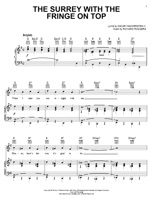 Preview Rodgers & Hammerstein The Surrey With The Fringe On Top Musicals sheet music, notes and chords for Piano, Vocal & Guitar (Right-Hand Melody), SKU: 16436 sheet music, piano notes, chords, guitar tabs, score, transpose, transcribe, how to play, guide, download, learn, tutorial, progression, song, artist, awards, billboard, mtv, vh1, tour, single, album, release