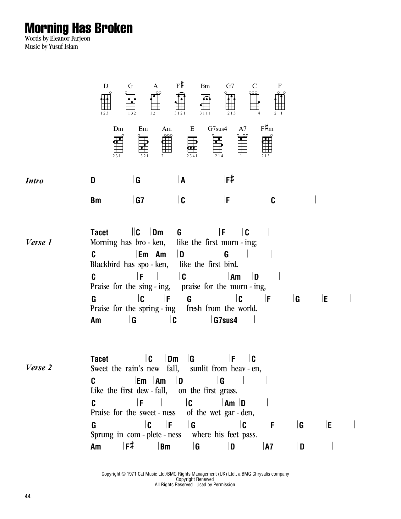 Cat Stevens Morning Has Broken Sheet Music Notes Chords Download Pop Notes Ukulele With Strumming Patterns Pdf Print