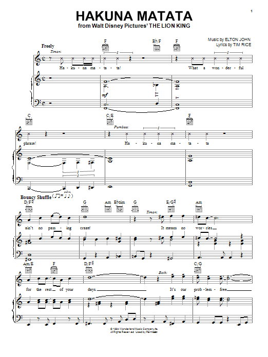 Preview Elton John Hakuna Matata Children sheet music, notes and chords for Piano, Vocal & Guitar (Right-Hand Melody), SKU: 16474 sheet music, piano notes, chords, guitar tabs, score, transpose, transcribe, how to play, guide, download, learn, tutorial, progression, song, artist, awards, billboard, mtv, vh1, tour, single, album, release