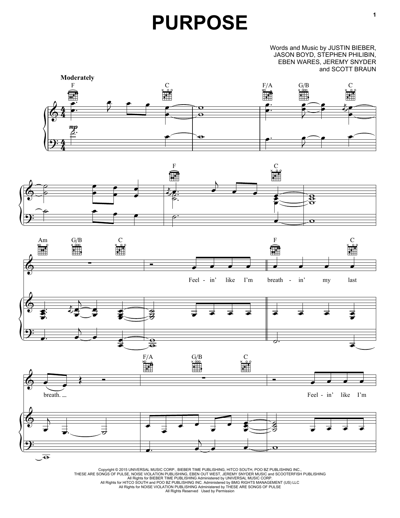 Justin Bieber Purpose Sheet Music Notes Chords Download Pop Notes Piano Vocal Guitar Right Hand Melody Pdf Print 164792